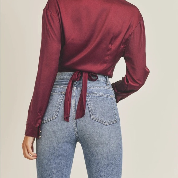 MABLE Jennifer SATIN Olive Tie-Front Blouse Medium - Picture 9 of 9